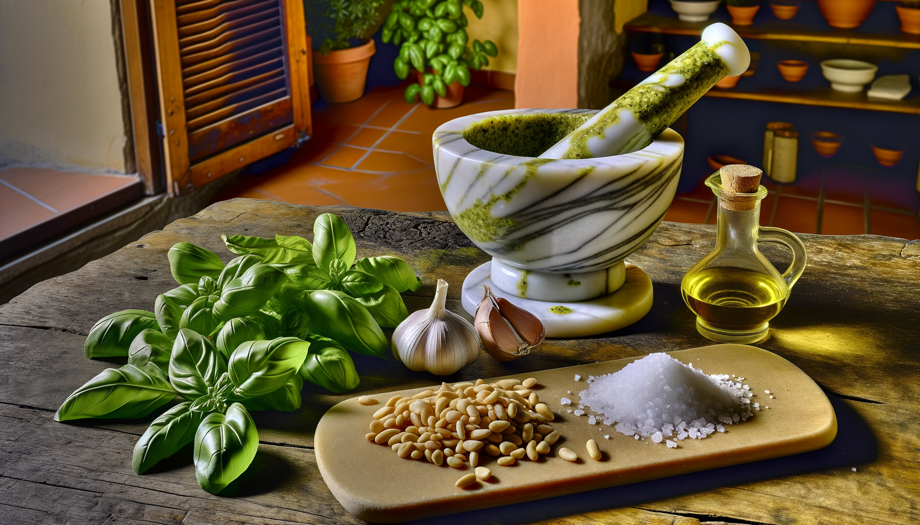 Mortaio di marmo con pesto genovese tradizionale, accanto a basilico fresco, aglio, pinoli, sale grosso e olio d'oliva su tavolo rustico