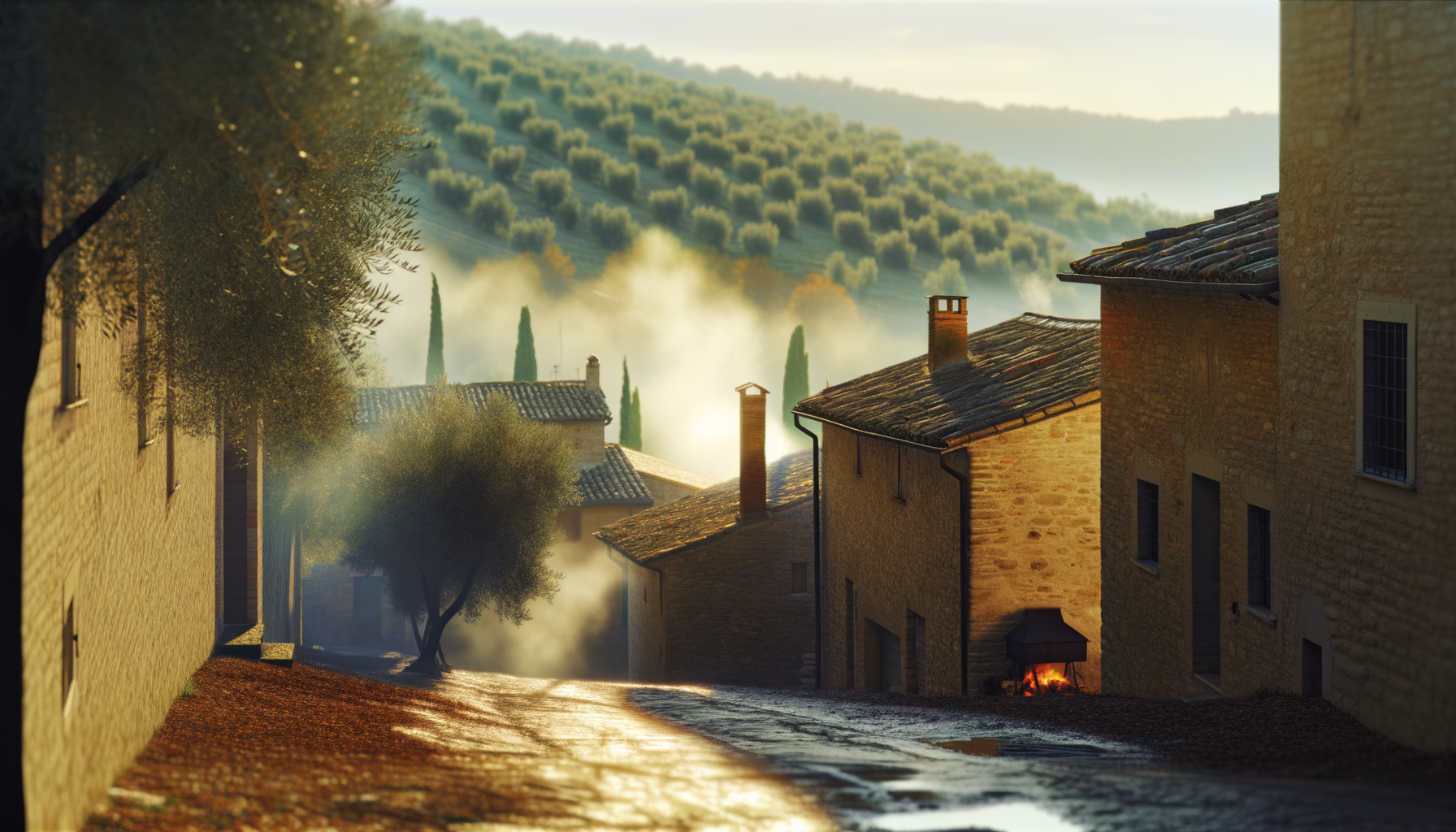 Paesaggio umbro con case in pietra, olivi sulle colline e fumo che si alza al mattino