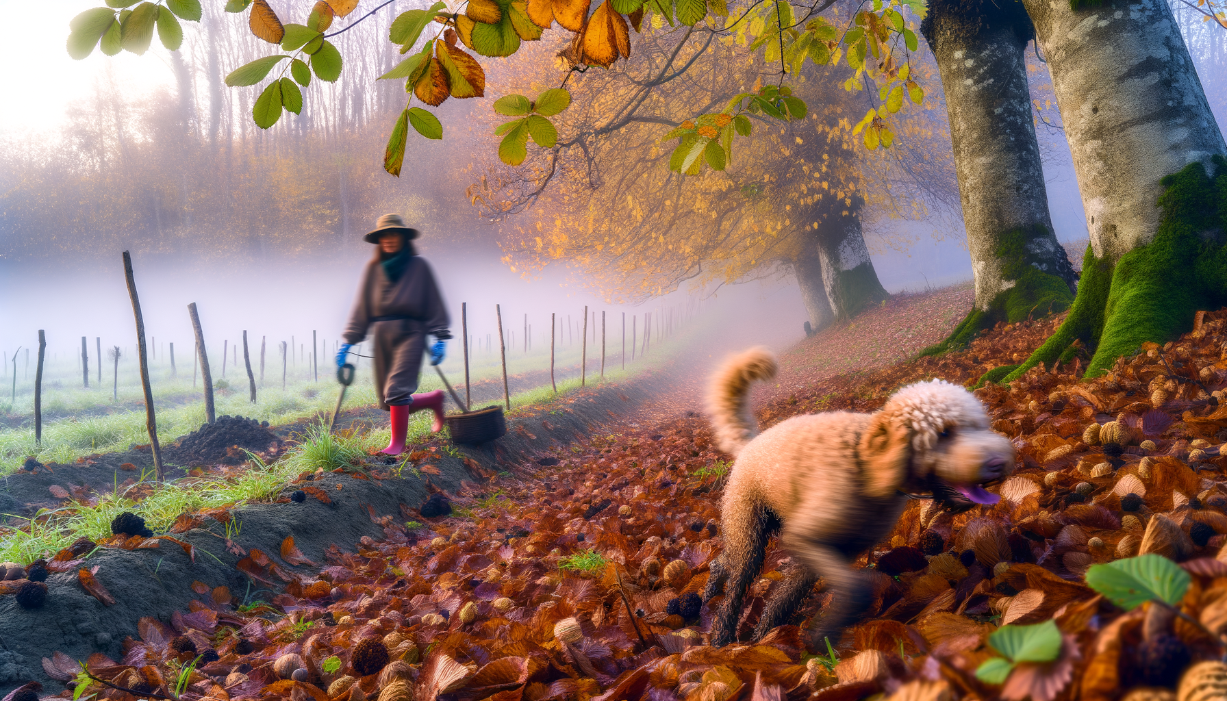 Persona con cappello e cane cerca tartufi bianchi tra le foglie autunnali nelle Langhe avvolte dalla nebbia