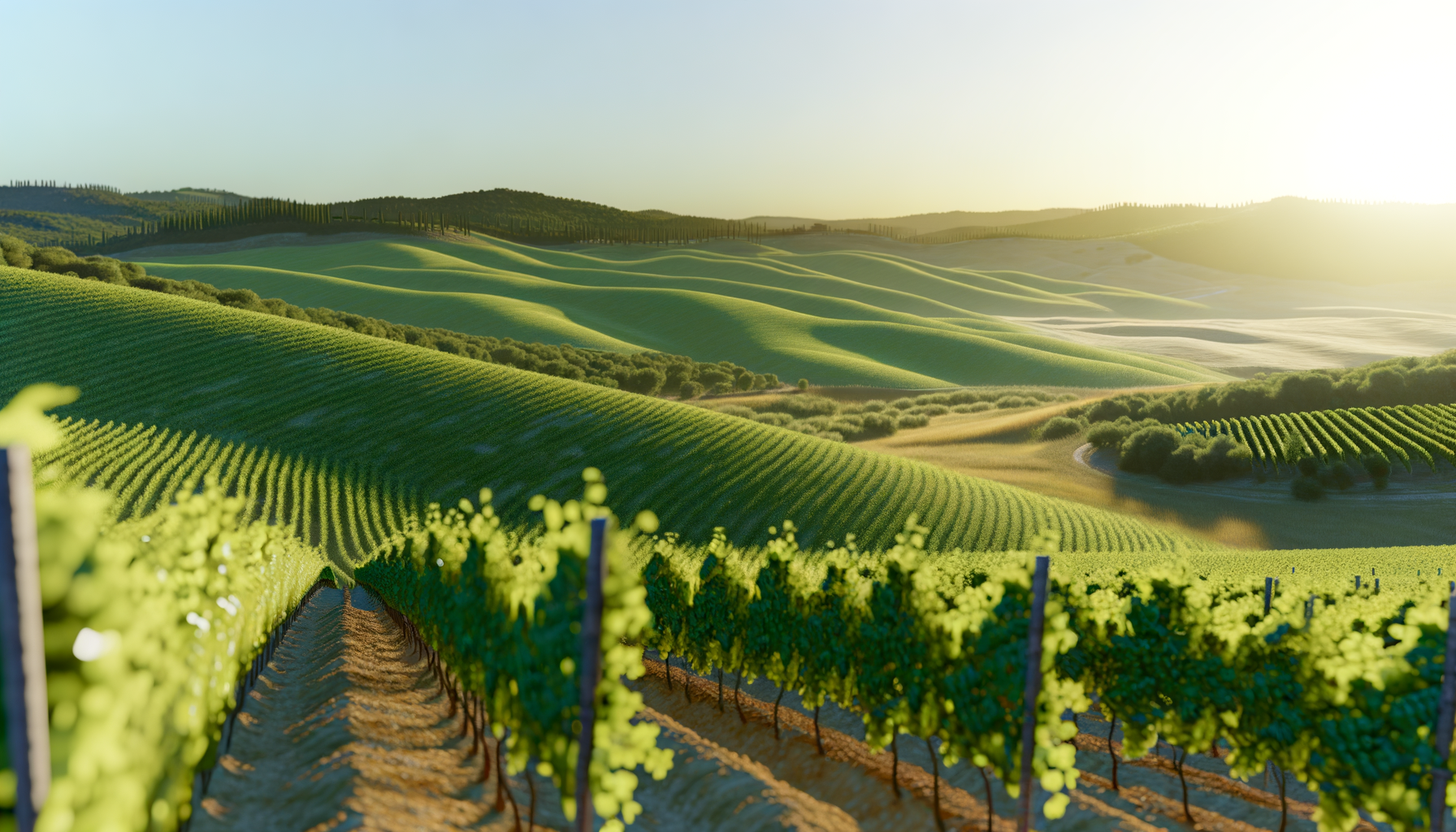 Vigneto toscano al tramonto con colline verdi e filari ordinati di viti