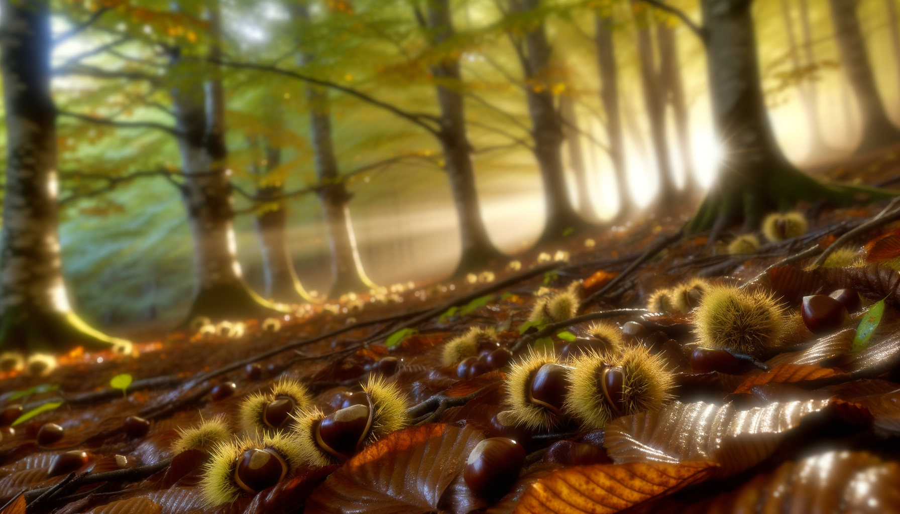 Bosco autunnale con marroni caduti sul terreno coperto di foglie secche e raggi di sole tra gli alberi
