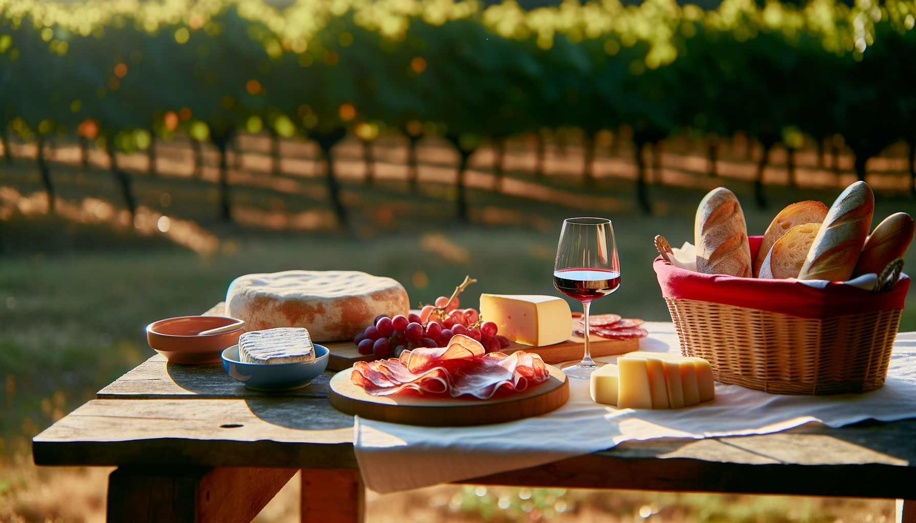 Tavola rustica con formaggi, salumi, pane e vino rosso in un vigneto al tramonto, itinerari enogastronomici Molise