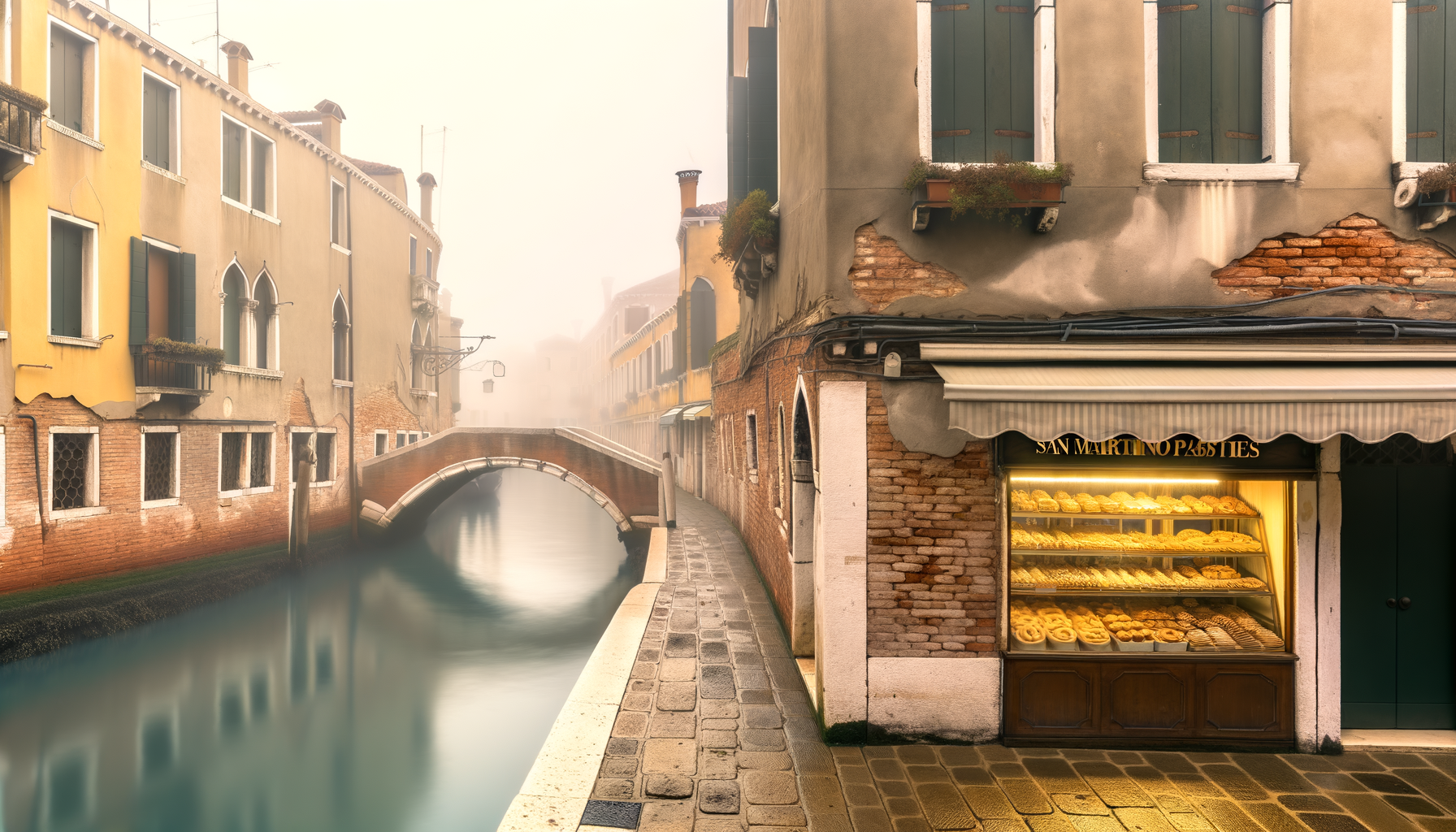 Vetrina illuminata di una pasticceria a Venezia con dolci tipici di San Martino lungo un canale con ponte in mattina nebbiosa