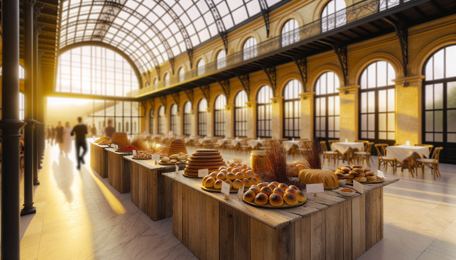 Bancarella di prodotti da forno artigianali esposti in un mercato coperto luminoso a Milano con persone sullo sfondo