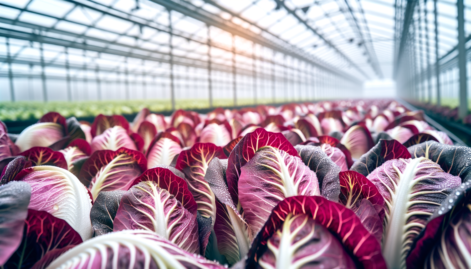 Radicchio di Treviso coltivato in serra con foglie rosse e bianche coperte di rugiada, simbolo dell'inverno