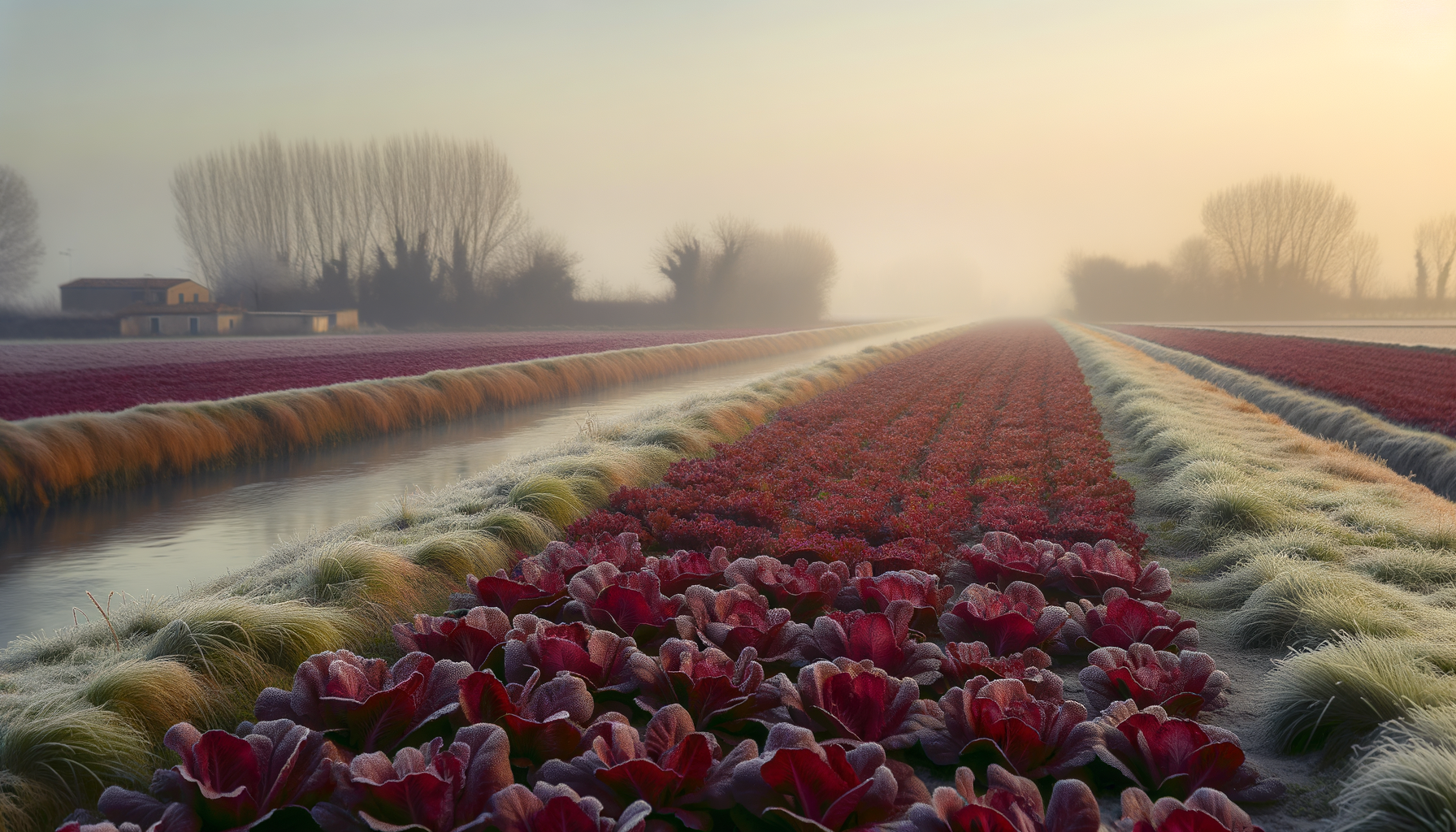 Campo di radicchio di Treviso con foglie rosse coperte di brina al mattino, circondato da canali e alberi sfocati nella nebbia