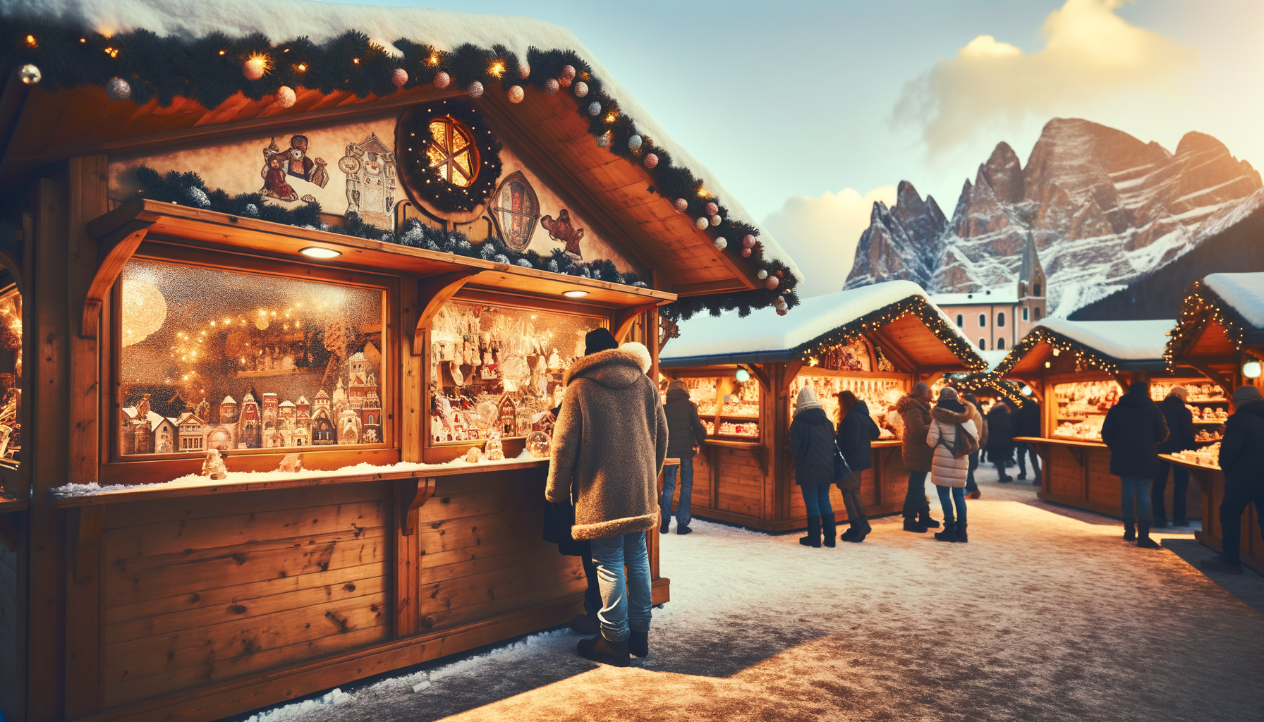 Persone che visitano mercatini di Natale a Bolzano con bancarelle di legno decorate e montagne innevate sullo sfondo