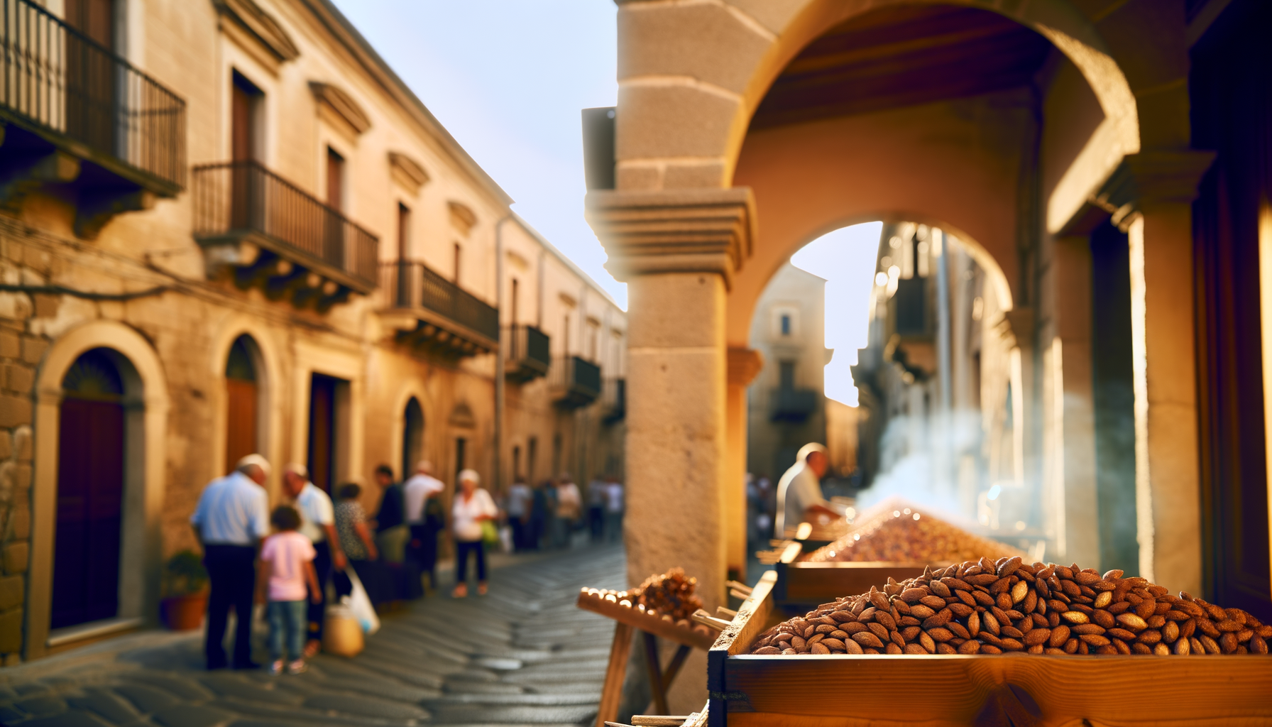 Venditore ambulante a Bagnara mentre tosta mandorle fresche su strada storica calabrese