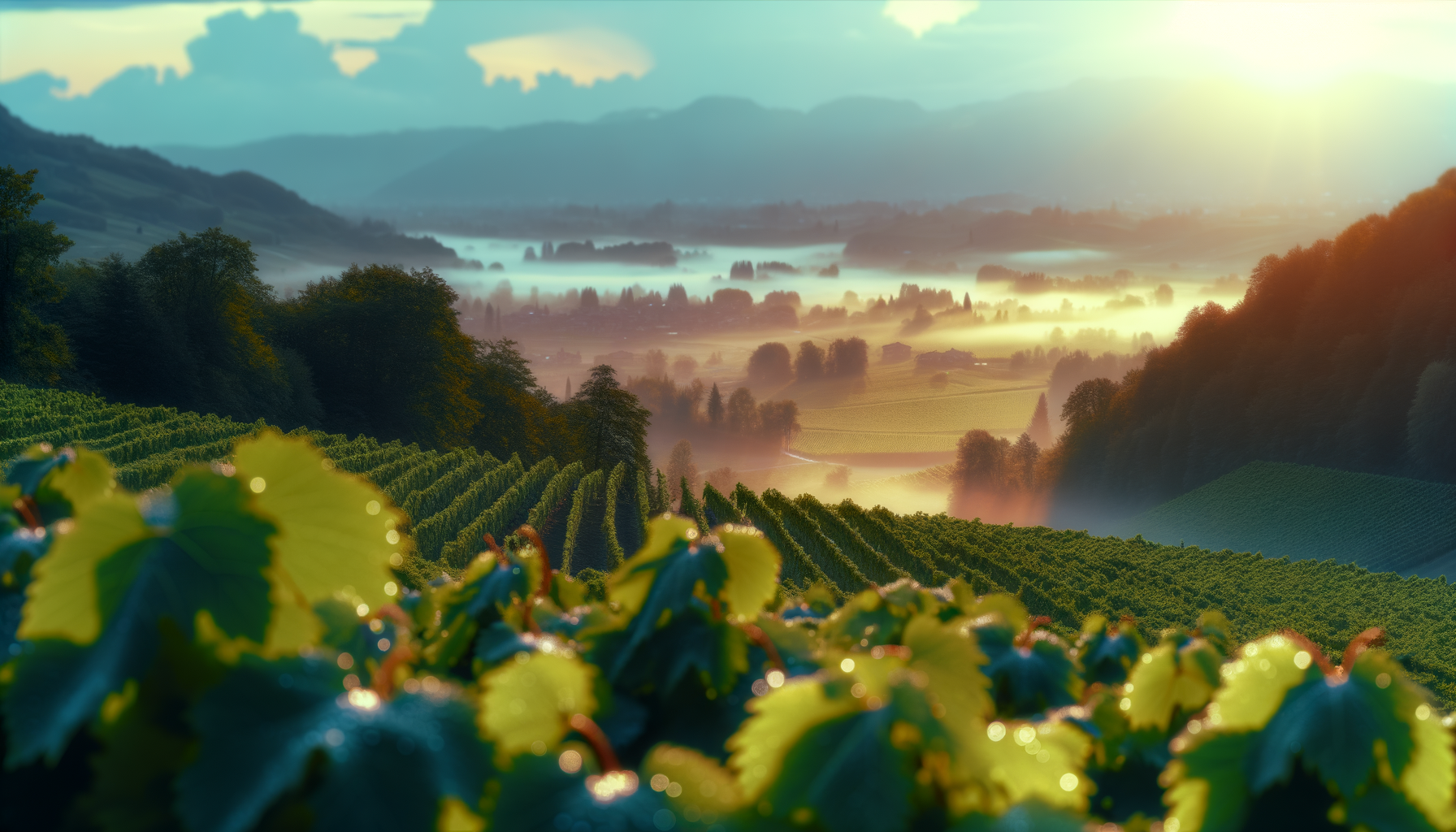 Vigneti verdi al mattino con nebbia e sole che illumina la valle di Santa Massenza