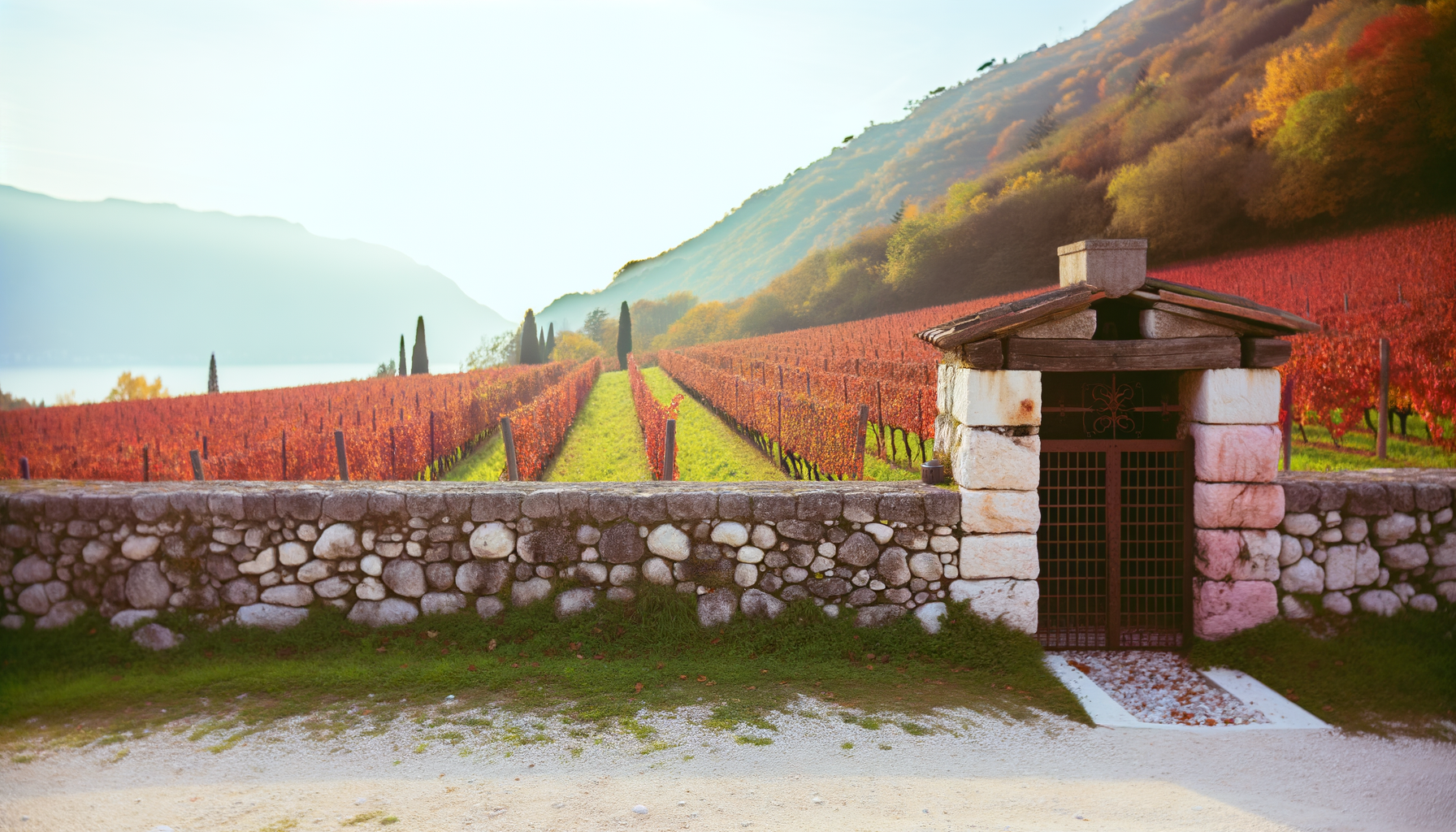 Vigneto autunnale con filari di viti rosse e muro di pietra con piccolo ingresso chiuso da cancello in Trentino