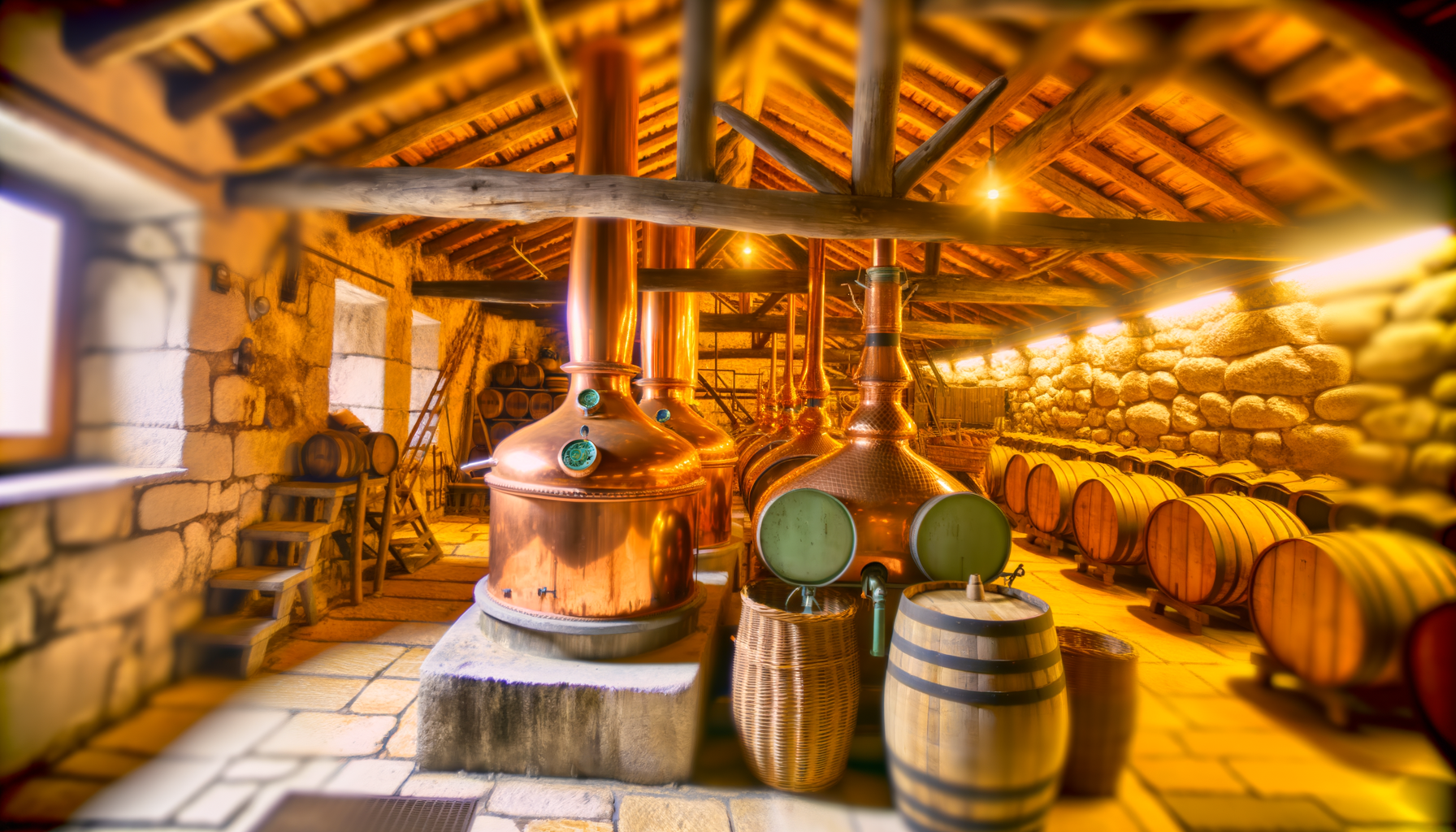Alambicchi in rame e botti di legno in una distilleria tradizionale di grappa trentina in ambiente rustico