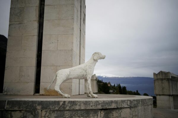 Statua di cane su piedistallo in pietra