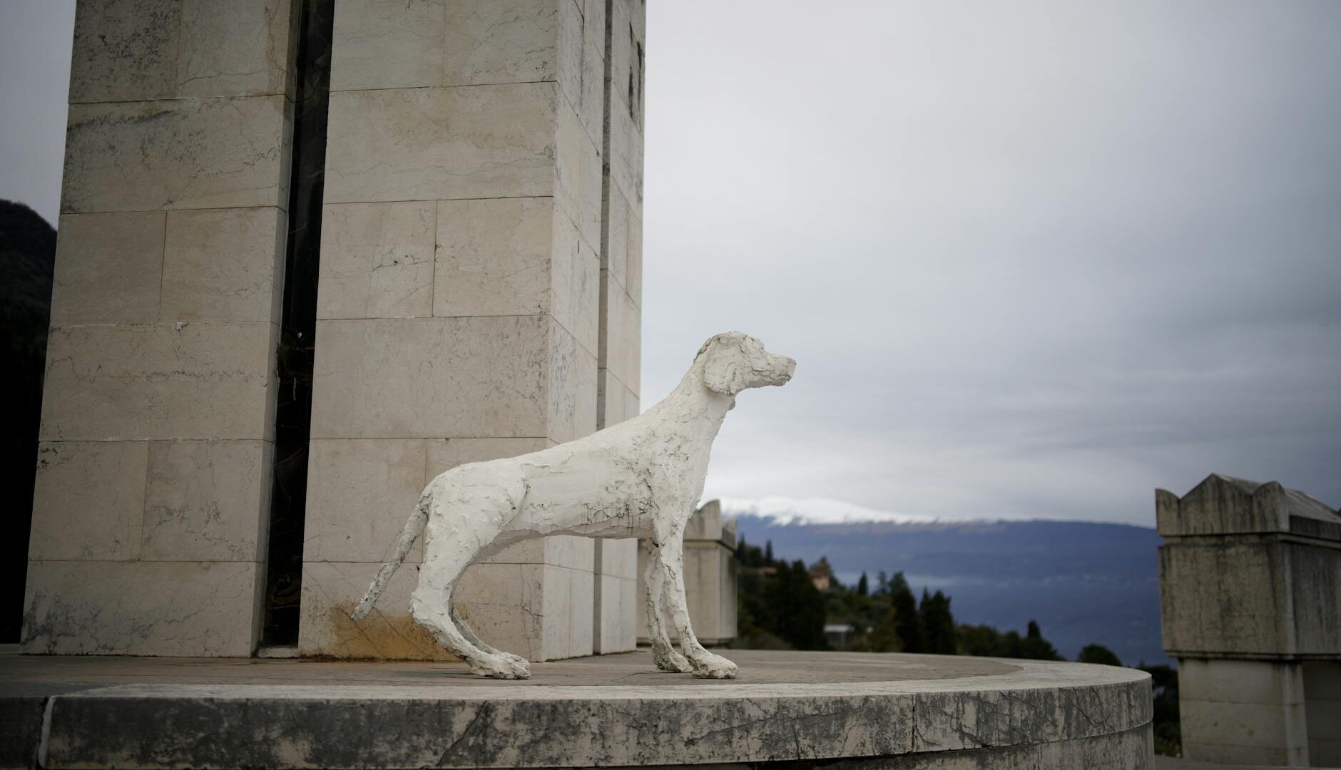 Statua di cane bianco su piedistallo di pietra.