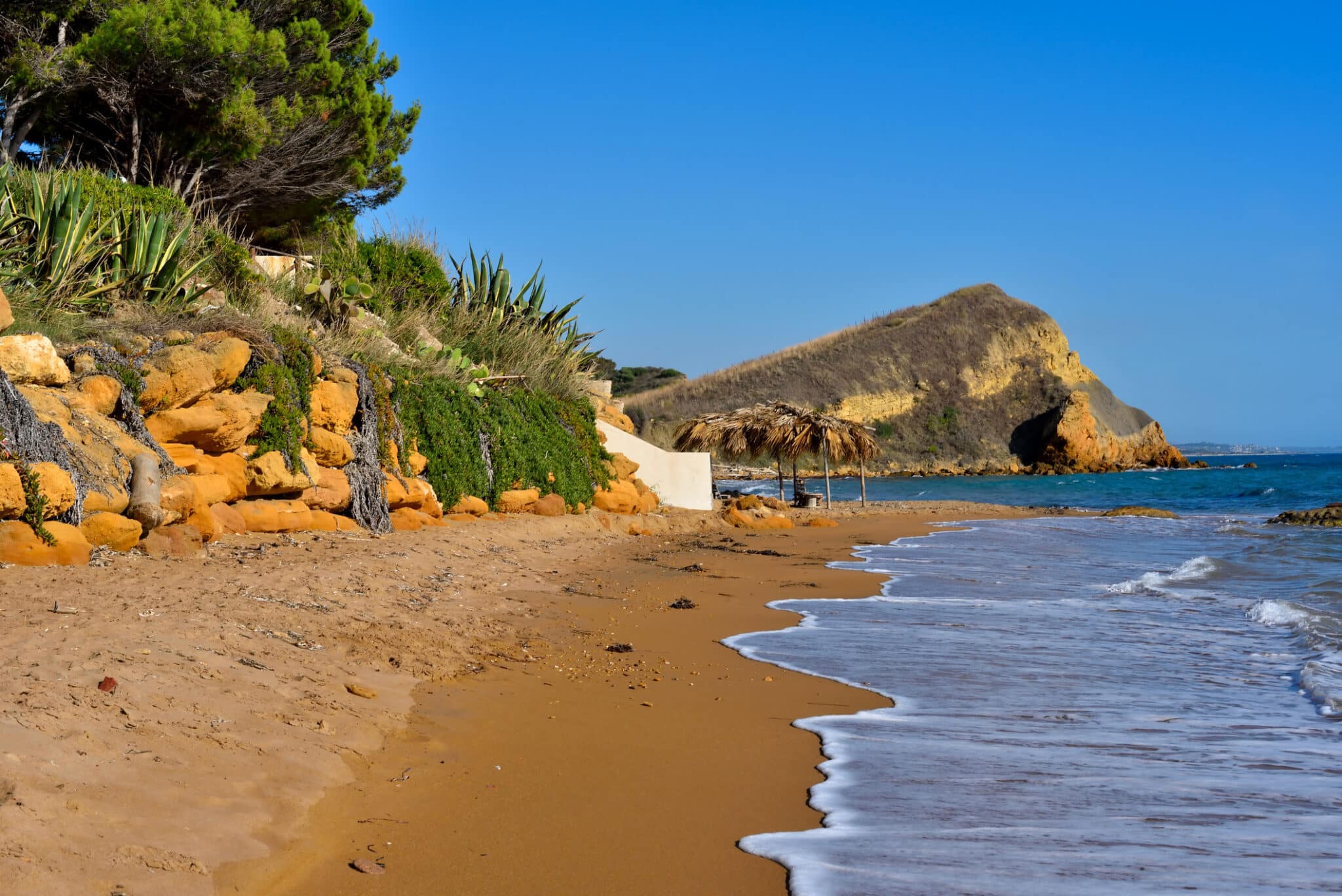 Spiaggia sabbiosa con vegetazione e promontorio roccioso.