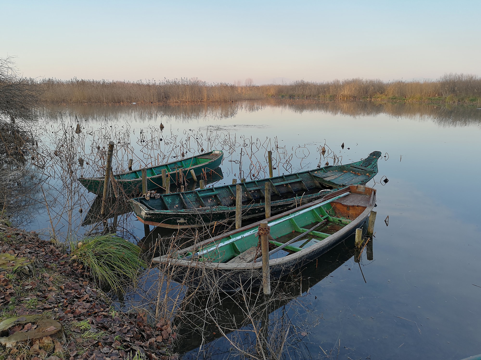 Barche legnose su tranquillo lago al tramonto