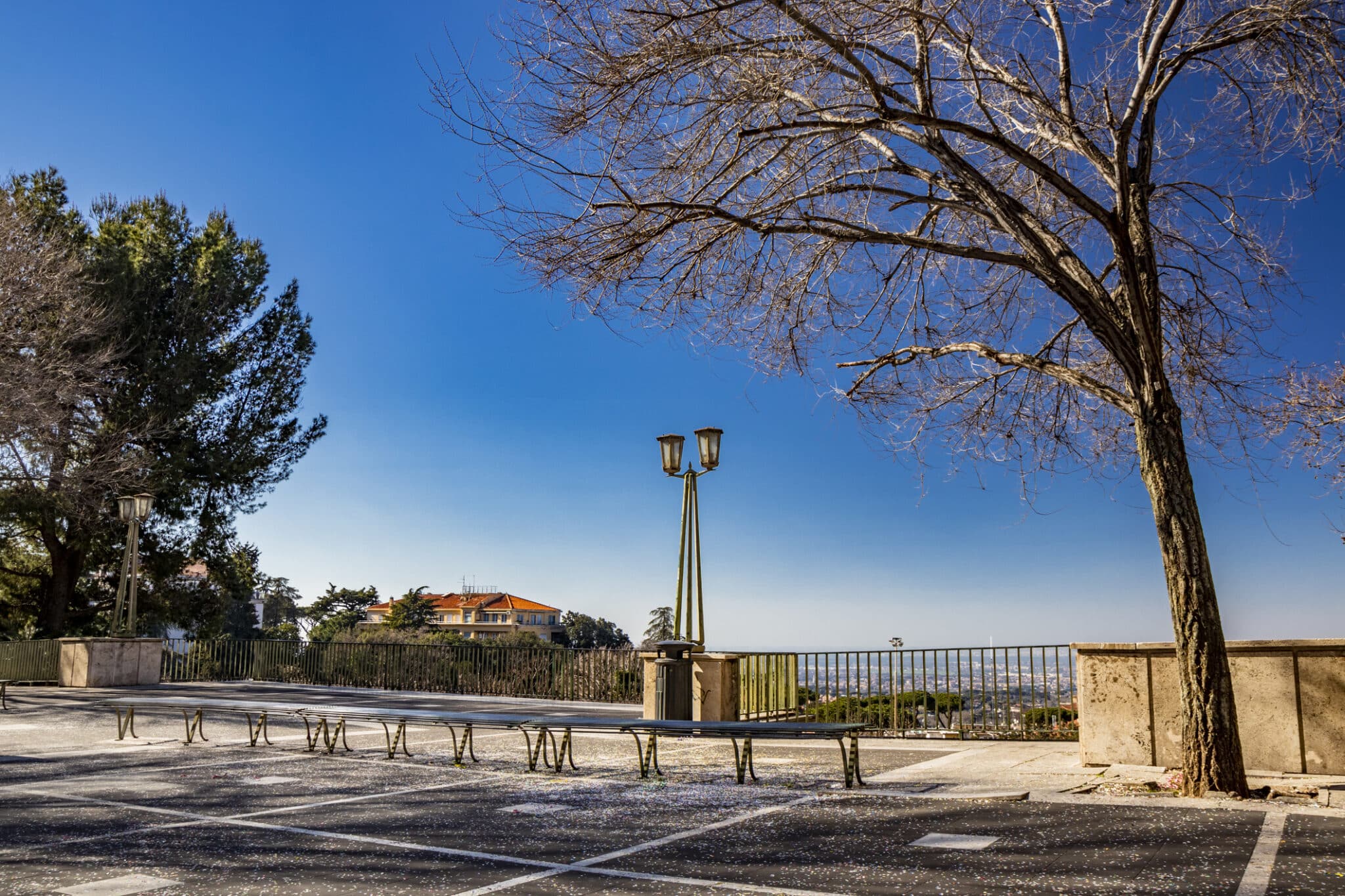 Parcheggio vuoto con albero e lampione, cielo azzurro.