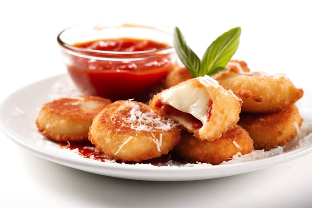 Raviolis frits avec sauce tomate et basilic.