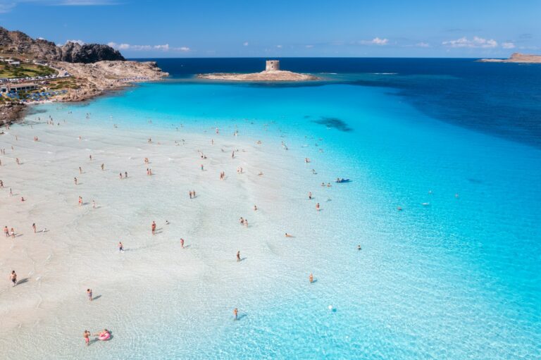 Aerial view of famous La Pelosa beach at sunny summer day