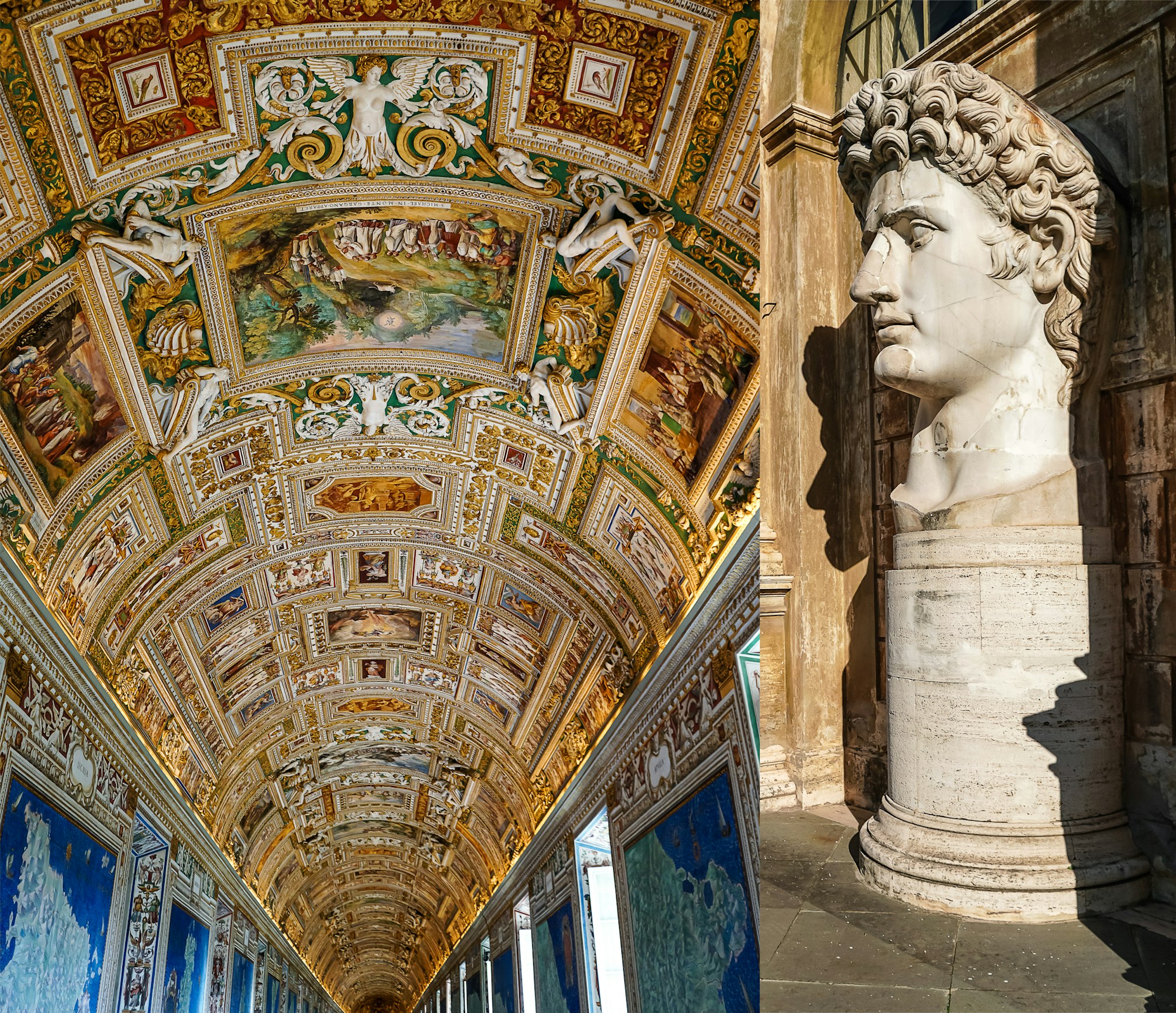 Statua della testa di Cesare Augusto vicino ai dipinti sulle pareti e sul soffitto nella Galleria delle mappe dei Musei Vaticani