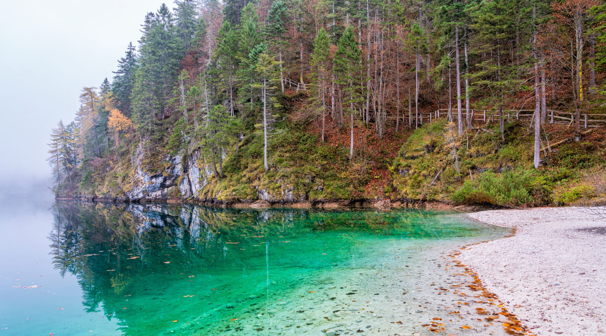 Lago alpino tranquillo con acque cristalline e foreste autunnali