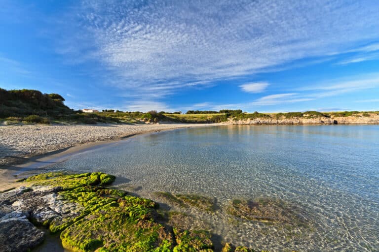 Plage paisible avec ciel nuageux et rochers verts