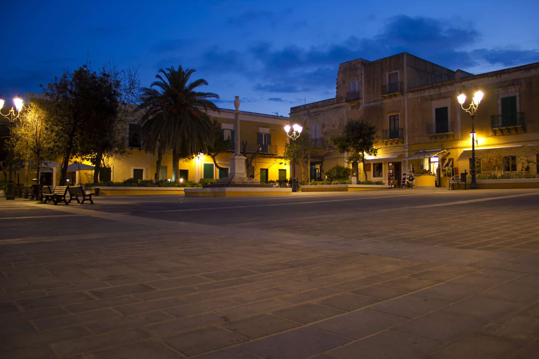 Piazza serale illuminata con palme e lampioni