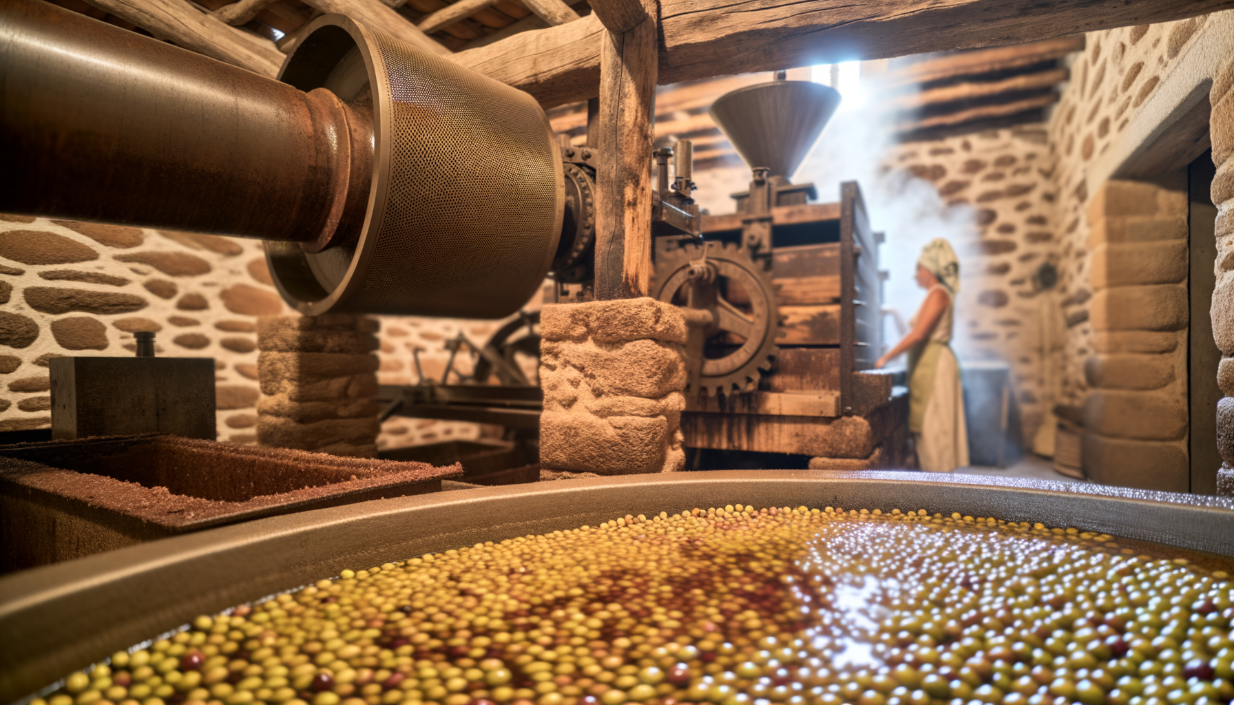 Olive immerse in vasca durante la fase di estrazione dell'olio in un frantoio tradizionale toscano con macchinari antichi