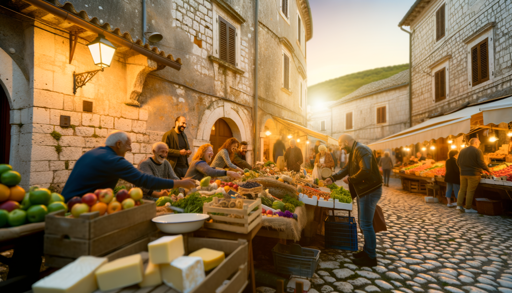 Mercato enogastronomico all'aperto in Molise con persone che scelgono prodotti locali freschi tra banchi di frutta e formaggi