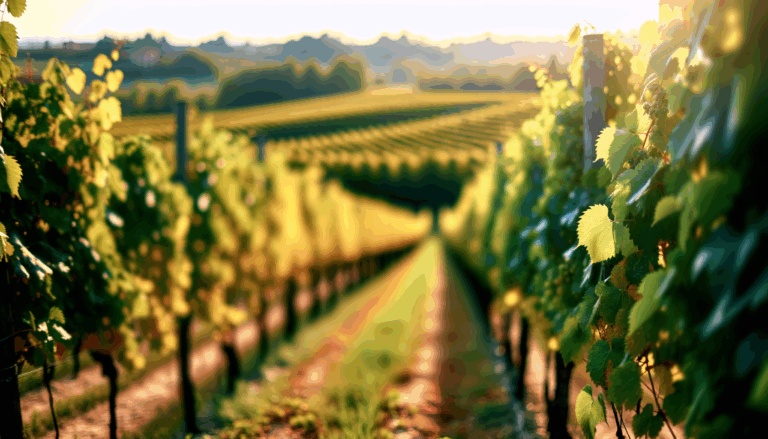 Vigneto italiano al tramonto con filari di viti rigogliose illuminate dalla luce calda del sole