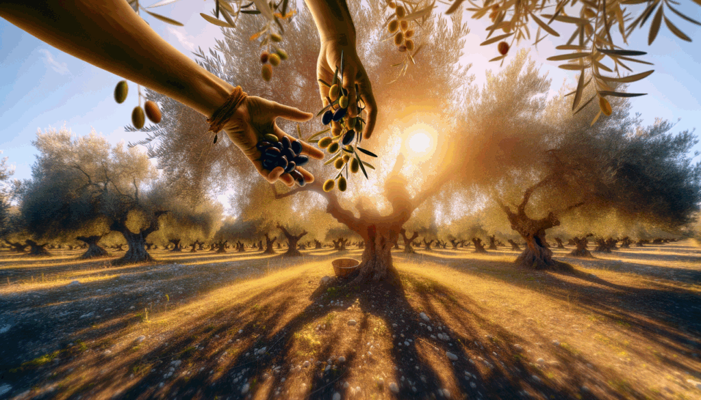 Mani che raccolgono olive mature in un uliveto pugliese al tramonto, atmosfera calda e autunnale