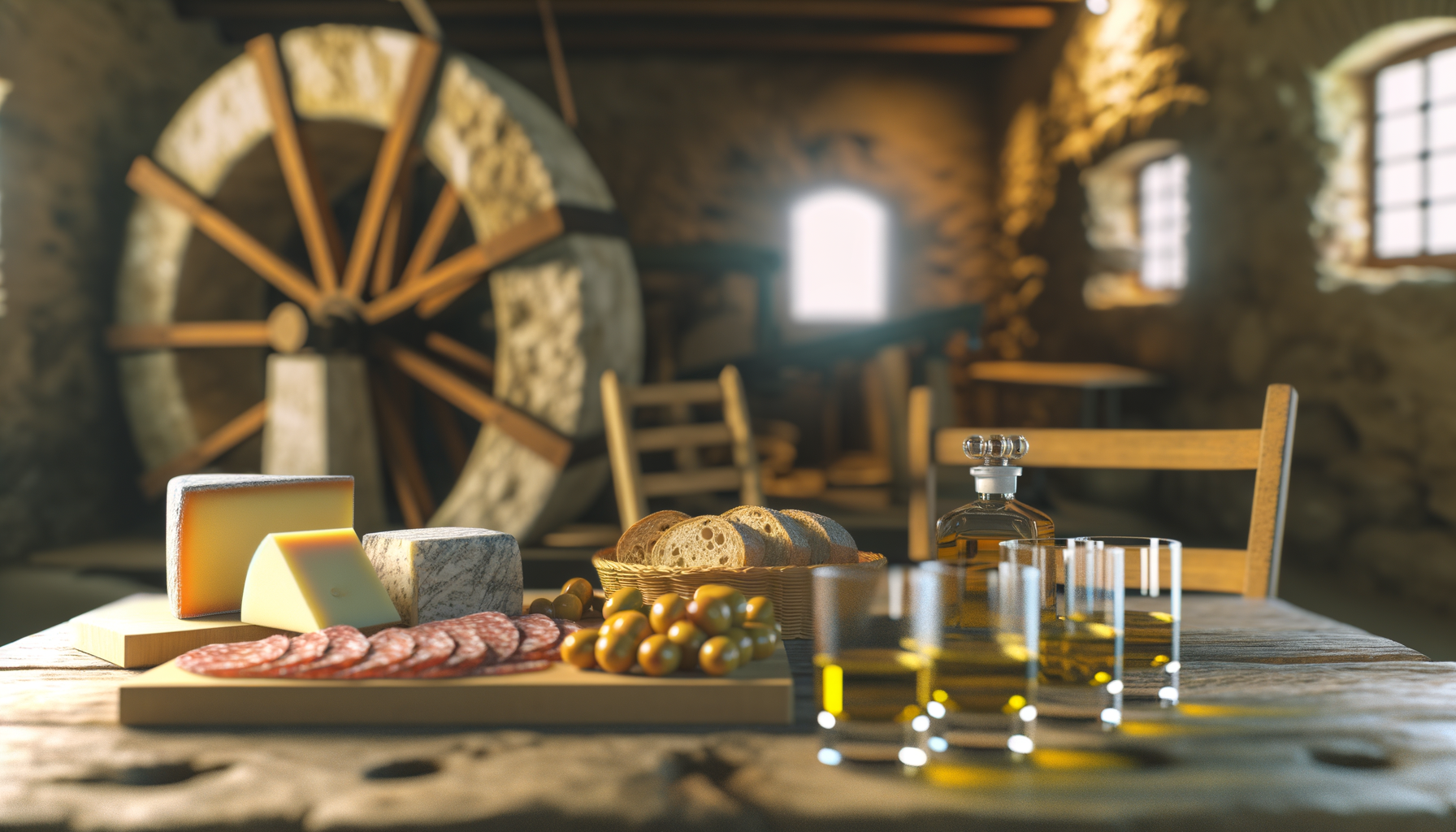 Tavola rustica con formaggi, salumi, olive, pane e bicchieri con olio nuovo in frantoio tradizionale umbro