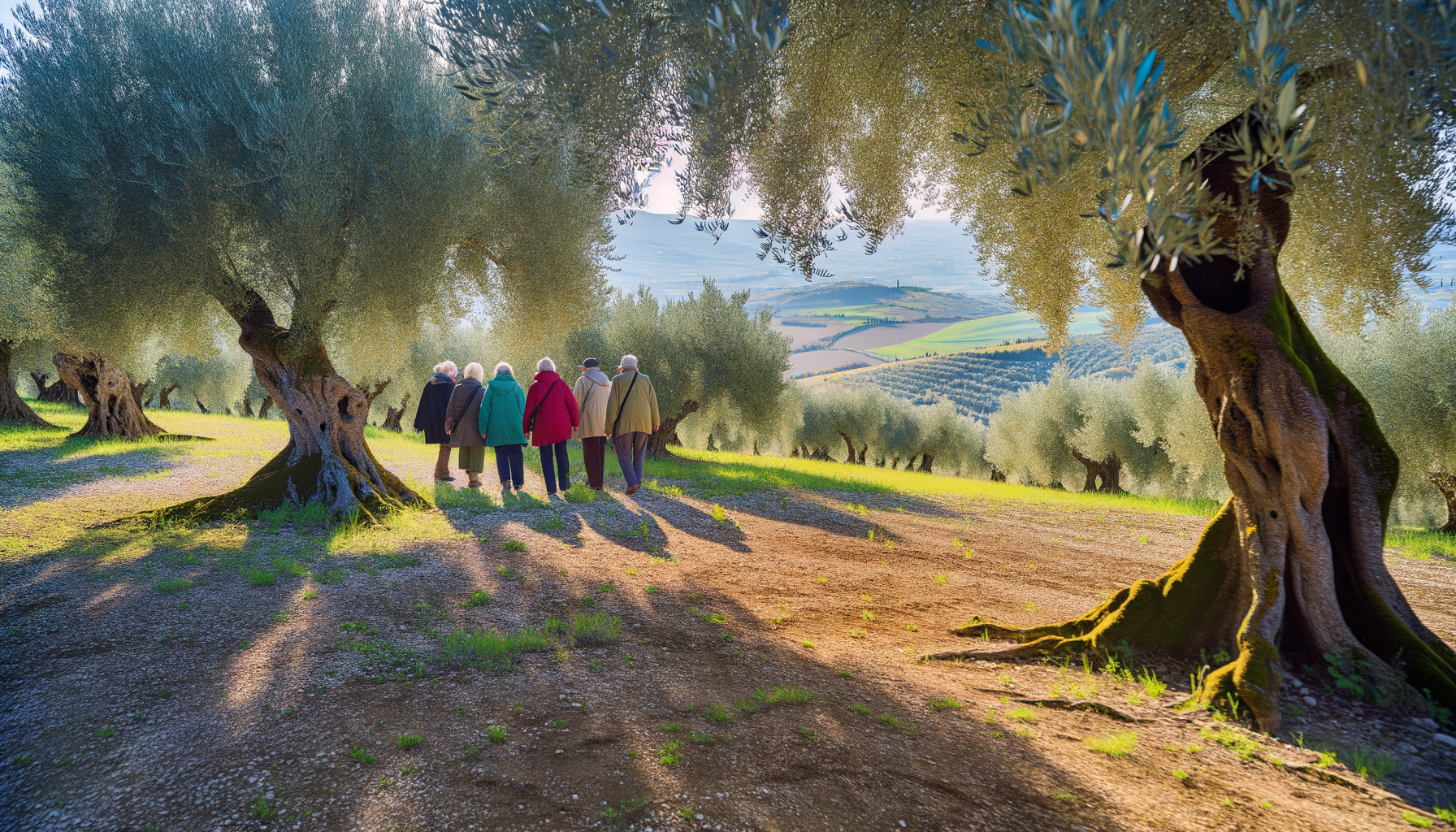 Gruppo di persone cammina tra gli ulivi secolari nelle colline umbre durante Frantoi Aperti