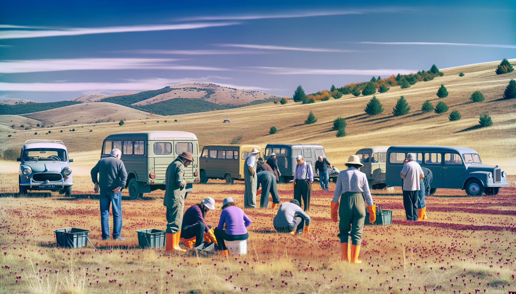 Persone che raccolgono lo zafferano nei campi di Navelli, Abruzzo, con veicoli vintage e paesaggio collinare sullo sfondo