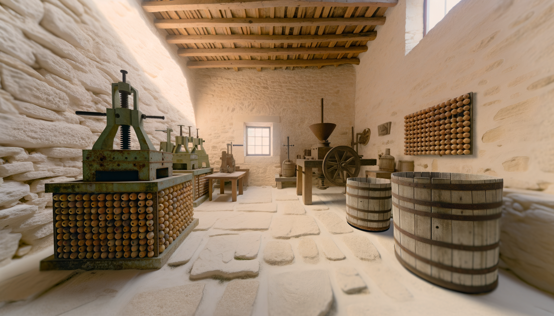Interno di un frantoio tradizionale in Puglia con presse e botti di legno per la produzione dell'olio