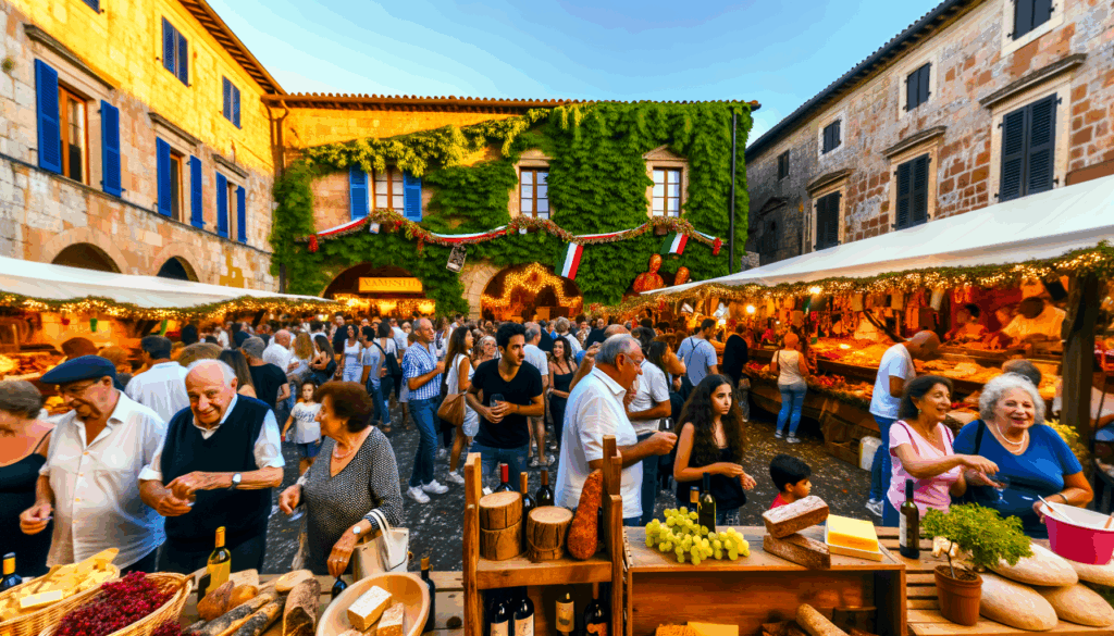 Folla di persone che partecipano a una vivace sagra enogastronomica in Italia con prodotti tipici esposti e decorazioni tradizionali