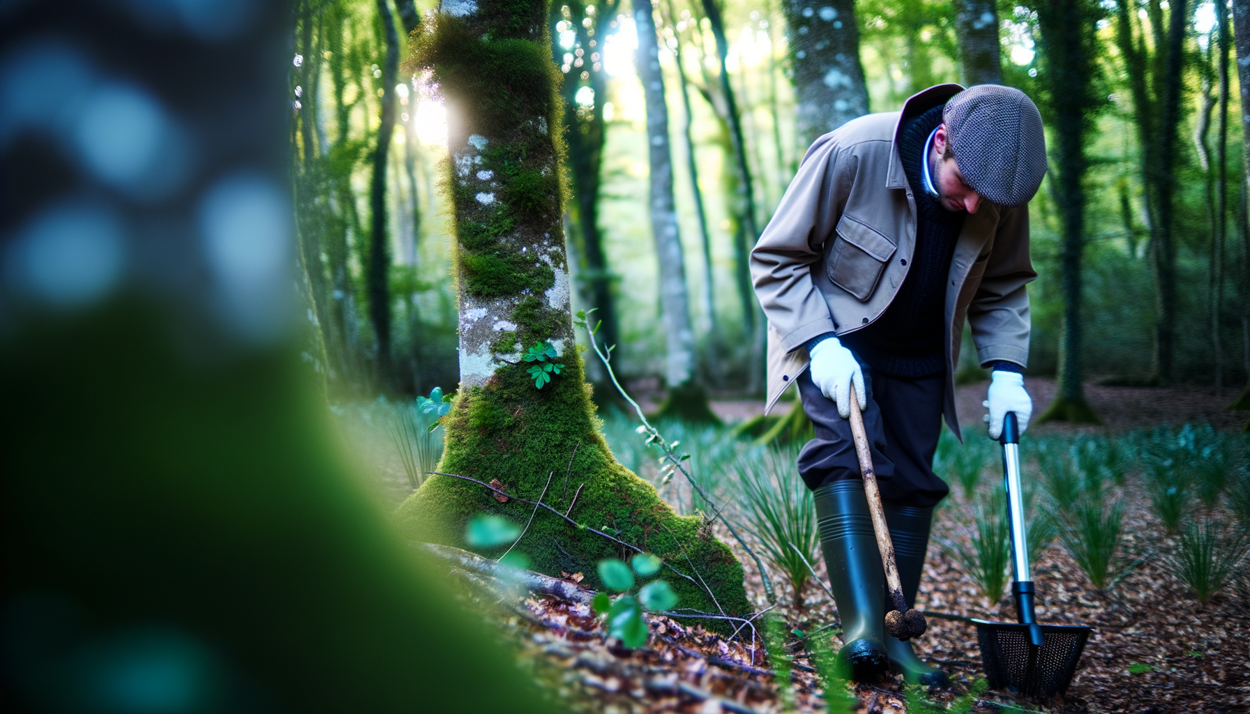 Uomo con giacca beige e guanti bianchi cerca tartufi nel bosco autunnale delle Langhe con attrezzi specifici