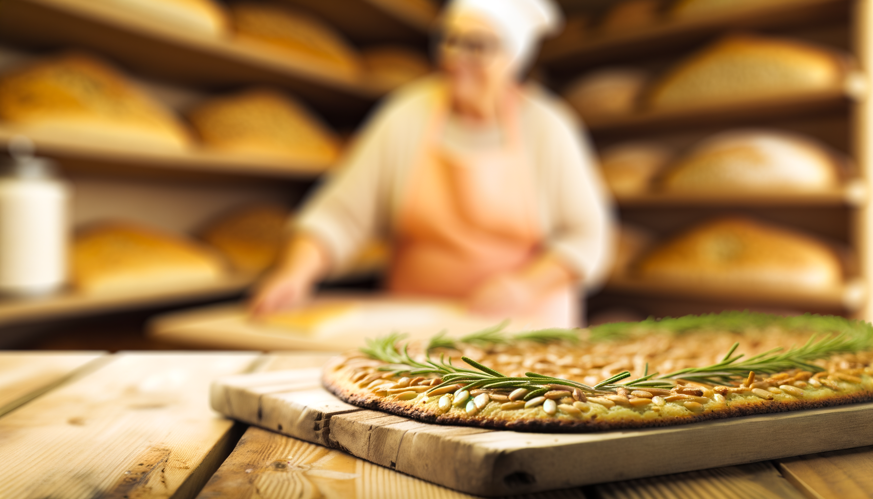 Castagnaccio toscano tradizionale con pinoli e rosmarino su tagliere di legno in primo piano