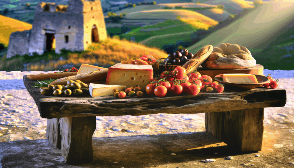 Tavola rustica con formaggi, pomodori, olive e pane tipici nei percorsi del gusto Basilicata, con paesaggio collinare sullo sfondo