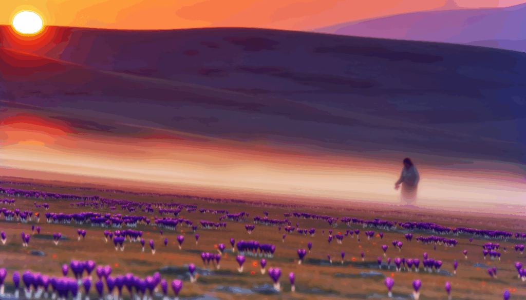 Campo di zafferano viola a Navelli all'alba con una figura raccolta tra i fiori e montagne sullo sfondo