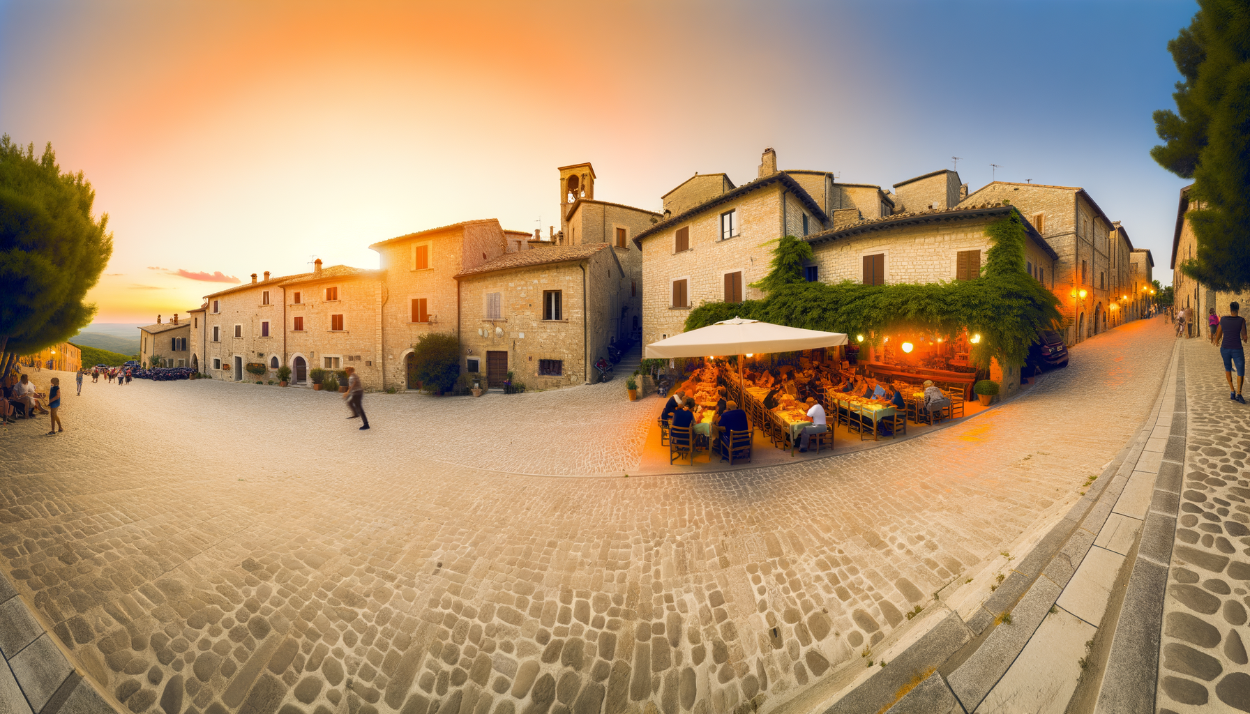 piazza di un borgo molisano al tramonto con ristorante all'aperto e persone sedute a tavola itinerari enogastronomici Molise