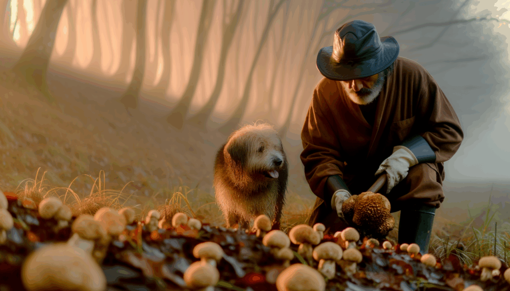 Cacciatore di tartufi con cane in bosco nebbioso delle Langhe al tramonto, circondati da funghi e foglie