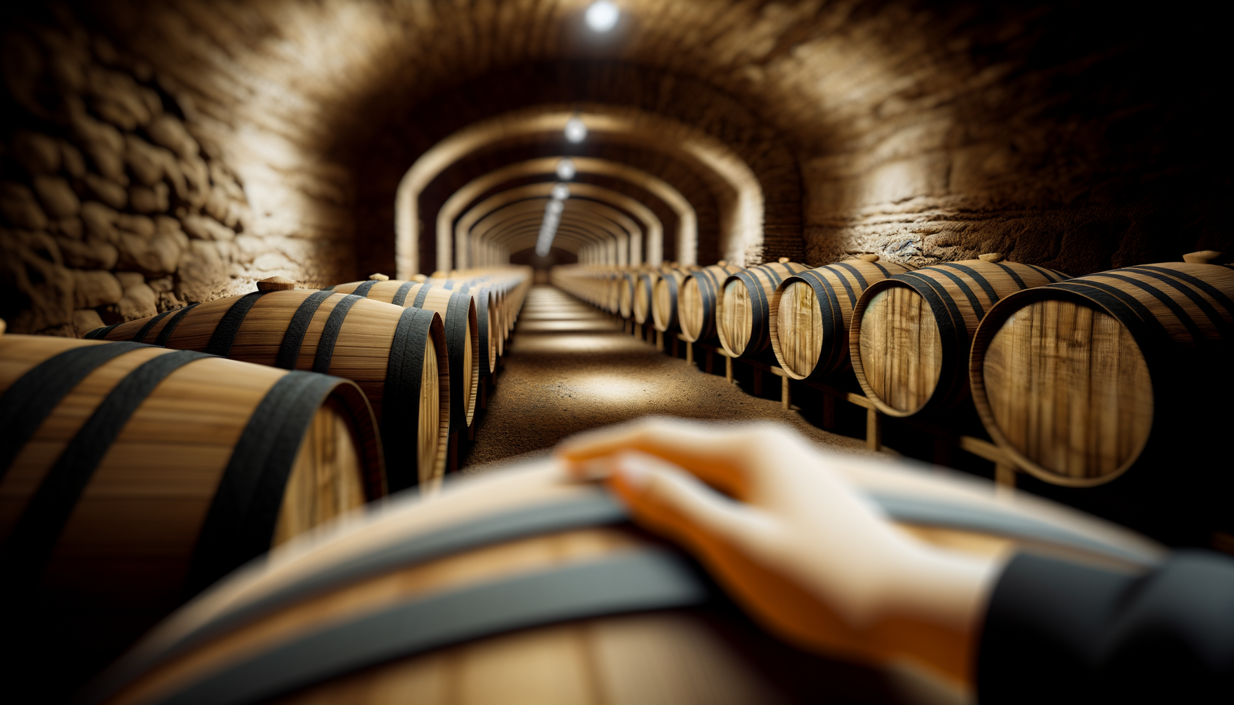 Cantina sotterranea con file di botti di legno per l'invecchiamento del vino in Italia