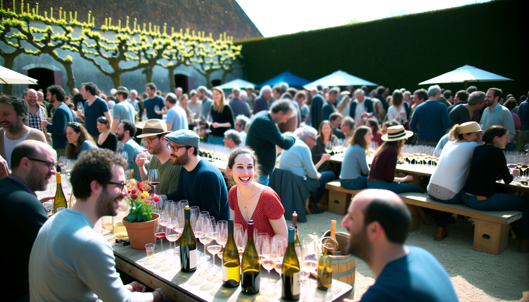 Persone sorridenti degustano vini naturali all'aperto durante un evento in una cantina italiana