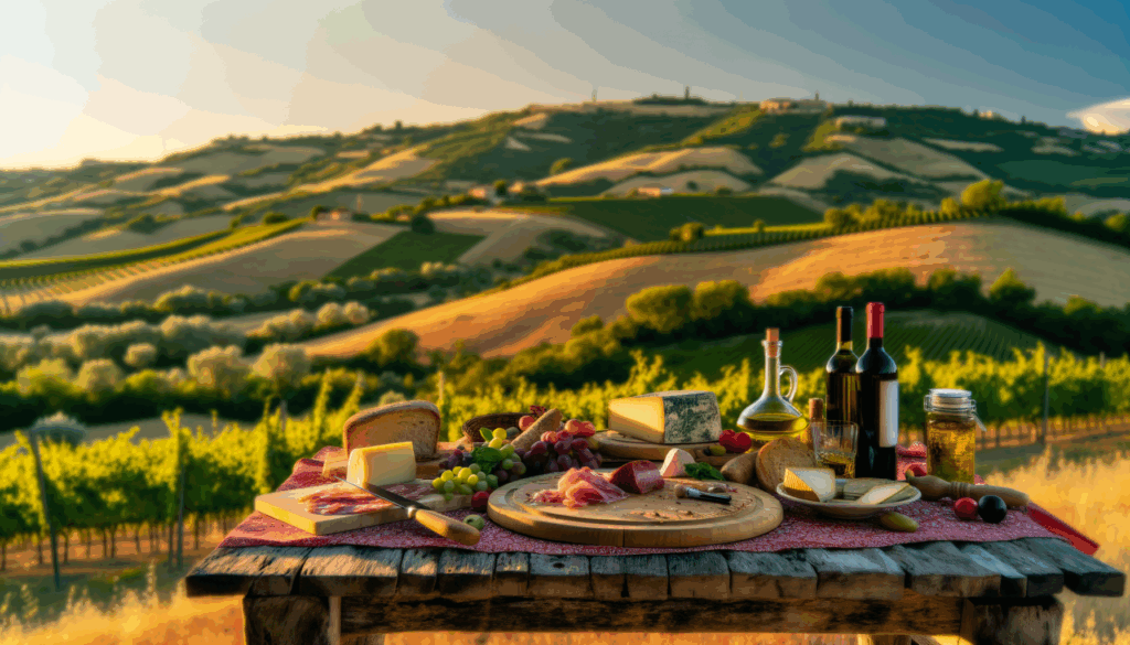 Tavola rustica con prodotti tipici molisani come formaggi, salumi, vino e miele con colline e vigneti al tramonto sullo sfondo