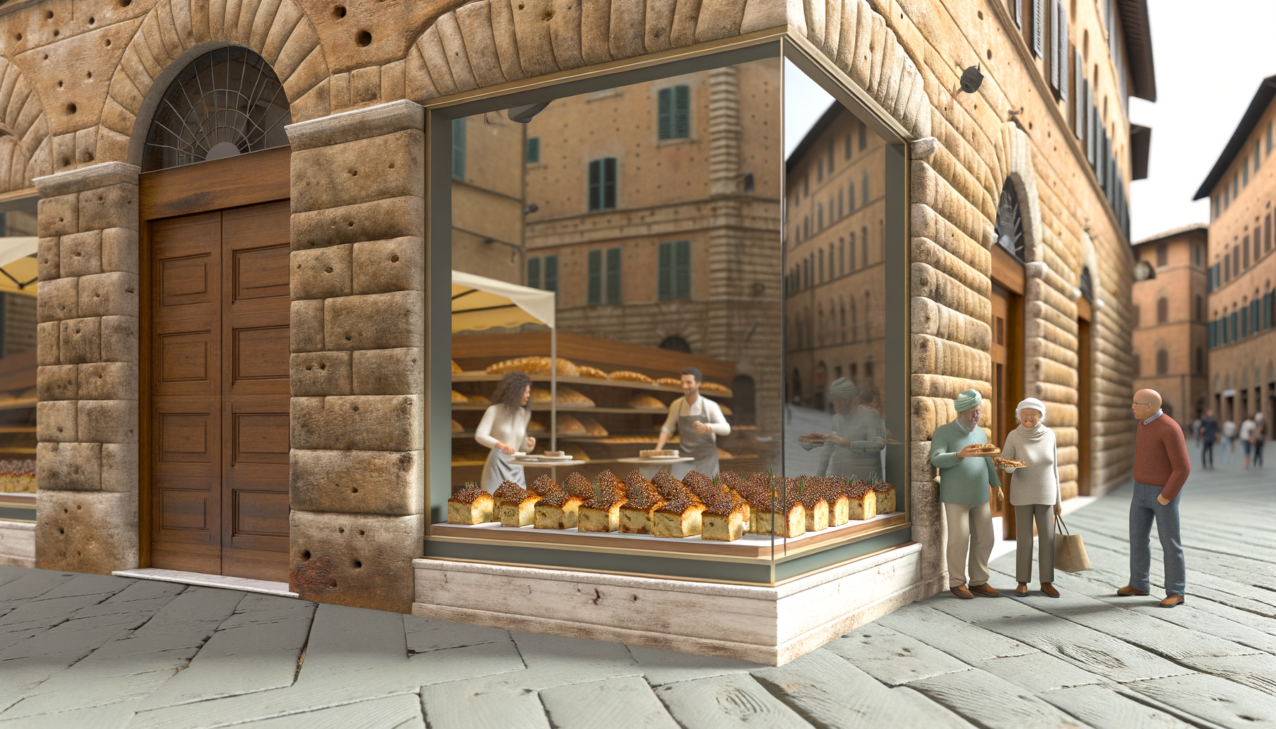 Vetrina di una pasticceria toscana con dolci tradizionali e persone che li gustano in strada in autunno
