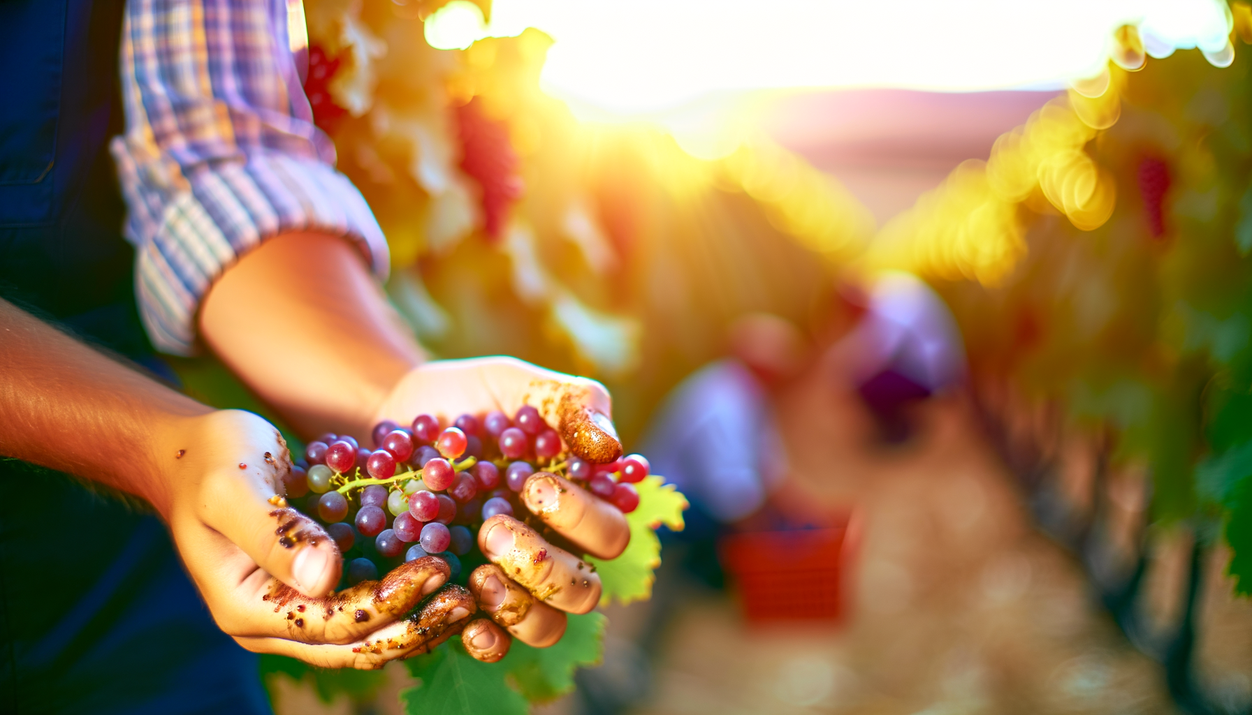 Mani sporche di terra che tengono un grappolo d'uva rossa durante la vendemmia in vigna al tramonto