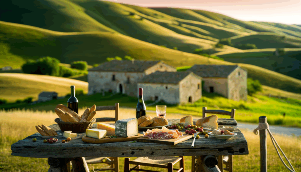 Tavola rustica all'aperto con prodotti tipici molisani tra formaggi, salumi, pane e vino in un paesaggio collinare del Molise