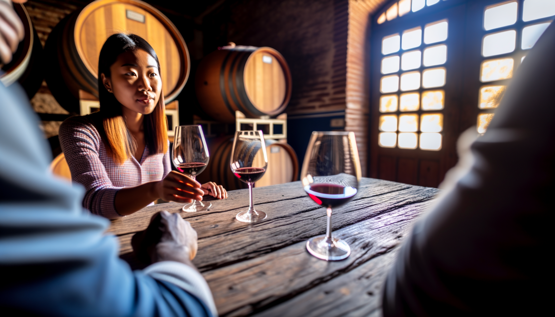 Donna che degusta vino rosso in una cantina con botti di legno sullo sfondo, atmosfera calda e accogliente