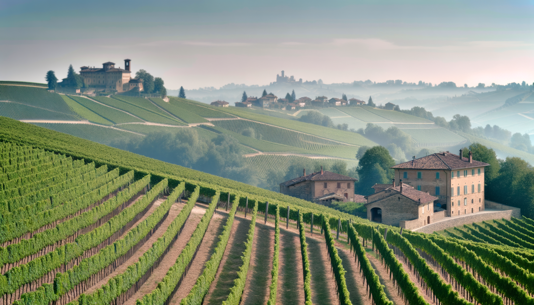 Paesaggio delle Langhe con vigneti verdeggianti e antiche cascine tra le colline nella nebbia mattutina