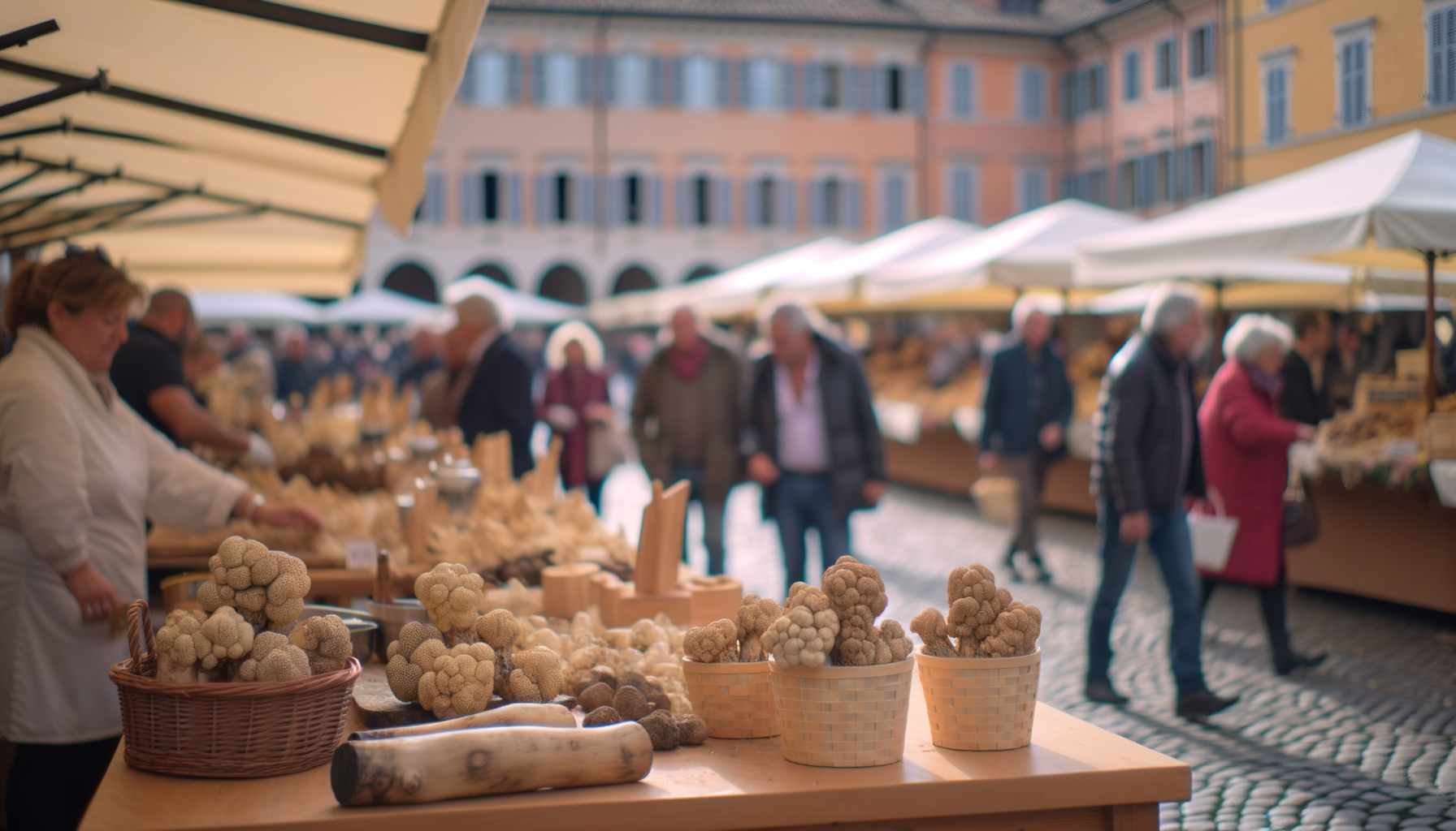 Mercato all'aperto con bancarelle di tartufi bianchi e persone che passeggiano tra gli stand sotto ombrelloni bianchi